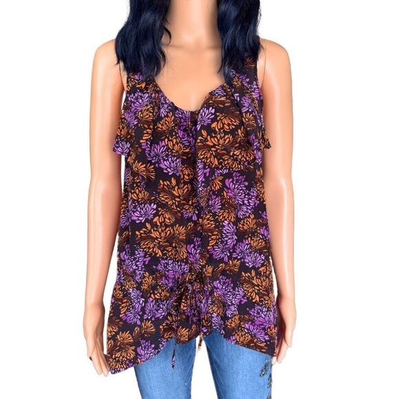 Anthropologie LIL Purple 100% Silk Floral Sleeveless Ruffle Blouse - Picture 2 of 6